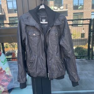 Faux leather hooded jacket with thumb holes